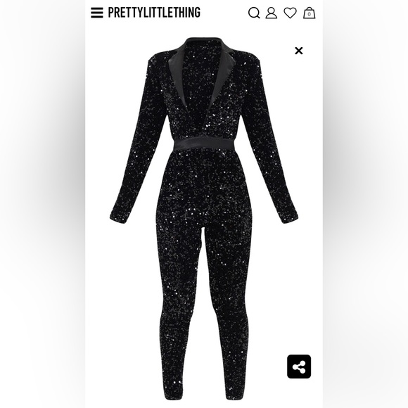 PrettyLittleThing Black Velvet Sequin Plunge Front Tailored Jumpsuit - Picture 2 of 6